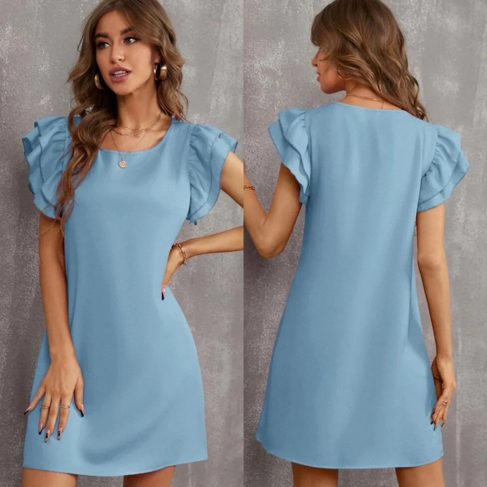Ruffle frill layered short sleeve tunic dress business casual cocktail baby blue - Picture 1 of 11